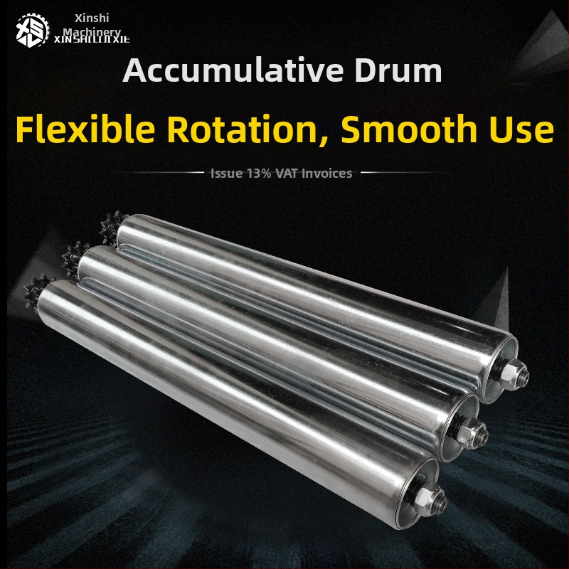 Motorový bubnový vozík s kolieskom pre montážnu linku — model XSL-JF; priemer bubna: 25-38-50-60-76 mm; priemer hriadeľa: 12-15-20 mm; materiál bubna: uhlíková oceľ a nerezová oceľ; povrchová úprava: galvanizácia