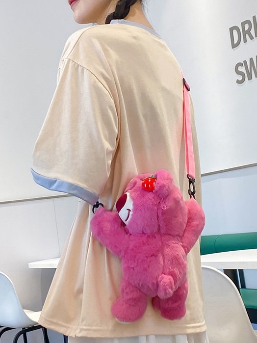 Βελούδινη τσάντα crossbody με σχέδιο αρκούδας σε καρτούν, φρέσκου και γλυκού στυλ; επένδυση: νάιλον; κλείσιμο με φερμουάρ; εσωτερικό λαμιναρισμένη θήκη με φερμουάρ; μικρό τετράγωνο σχήμα