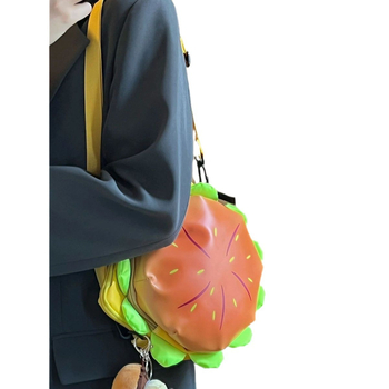 Geantă crossbody în formă de burger — PU, formă rotundă, închidere cu fermoar, căptușeală poliester, stil urban simplu