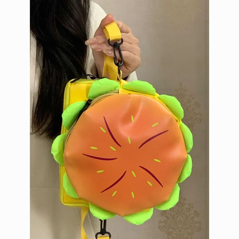 Geantă crossbody în formă de burger — PU, formă rotundă, închidere cu fermoar, căptușeală poliester, stil urban simplu