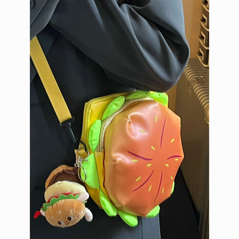 Geantă crossbody în formă de burger — PU, formă rotundă, închidere cu fermoar, căptușeală poliester, stil urban simplu