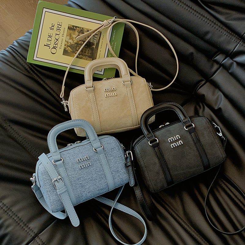 Geantă Boston din denim cu curea crossbody, stil street, formă pătrată orizontală, închidere cu fermoar, buzunar pentru telefon și ID