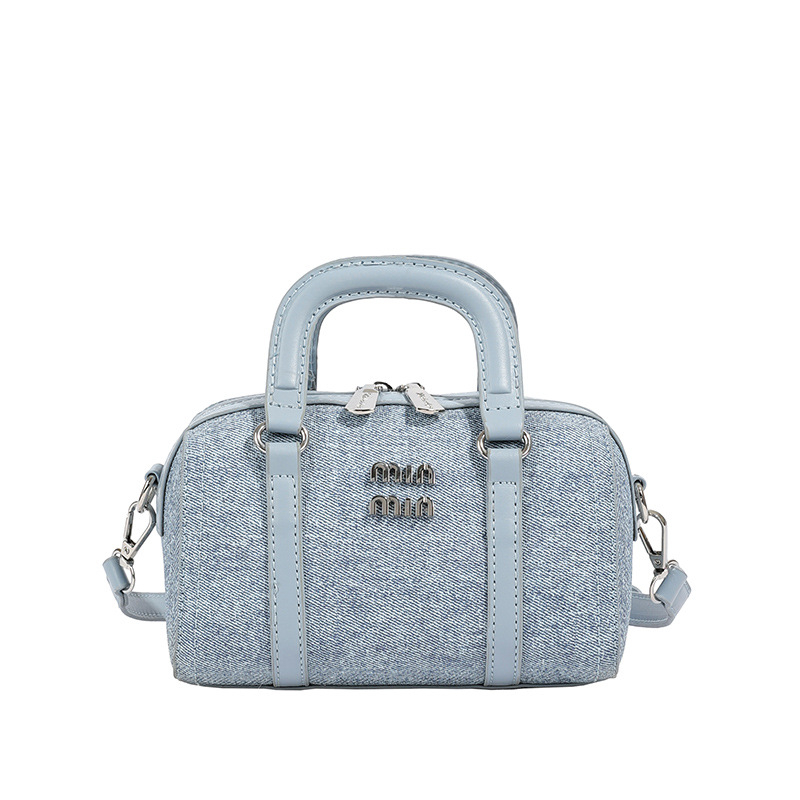 Geantă Boston din denim cu curea crossbody, stil street, formă pătrată orizontală, închidere cu fermoar, buzunar pentru telefon și ID
