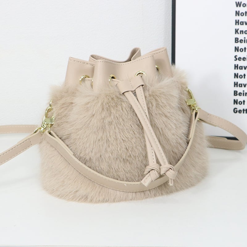 Geantă bucket din pluș pentru femei, stil stradal, formă cilindrică, închidere cu șnur, colecția iarnă 2023