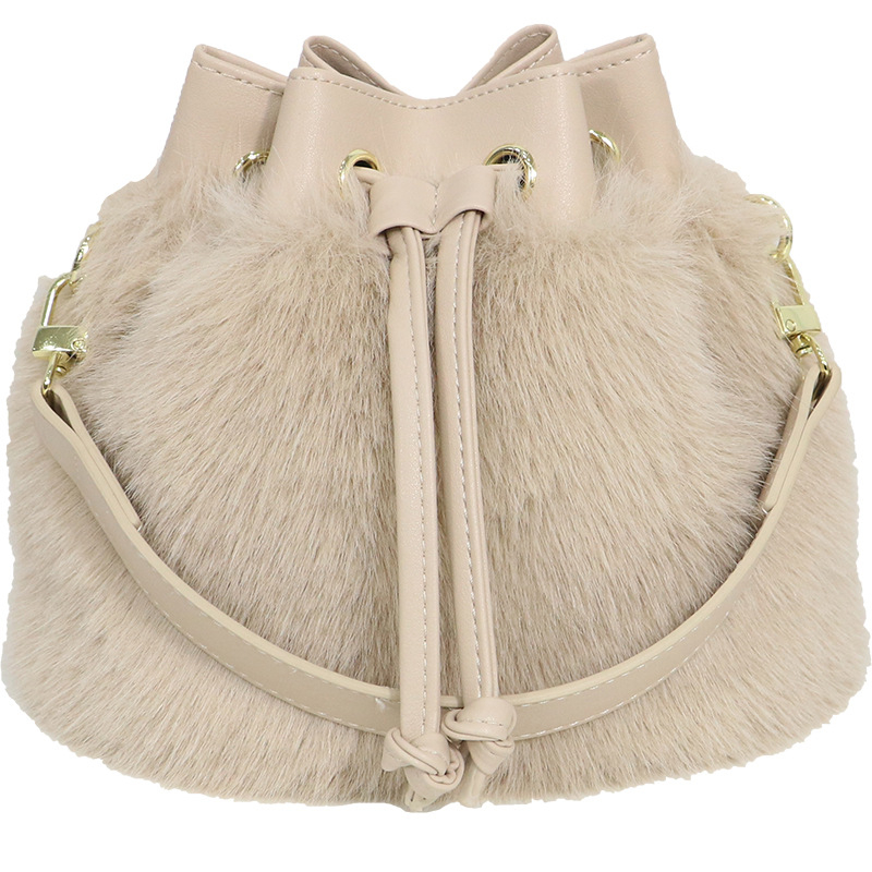 Geantă bucket din pluș pentru femei, stil stradal, formă cilindrică, închidere cu șnur, colecția iarnă 2023