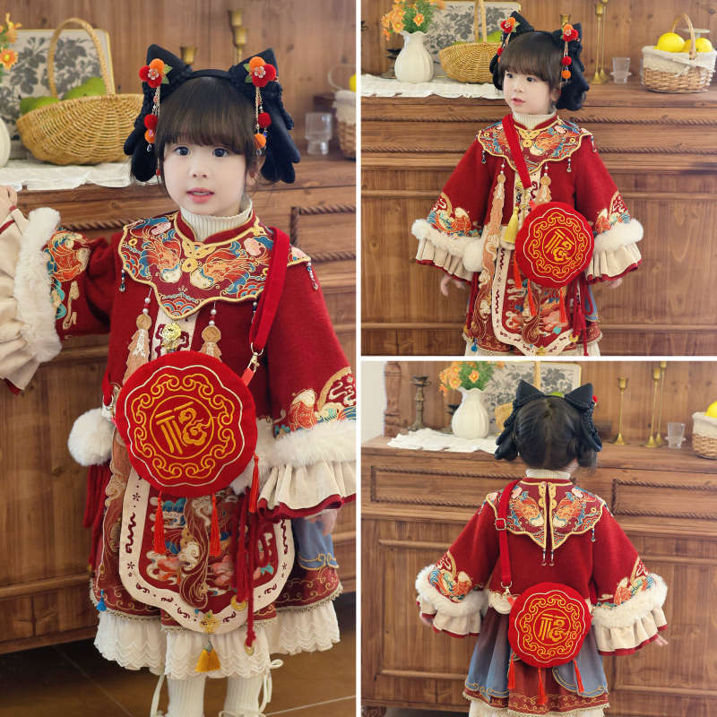 Παιδική Τσάντα Ώμου Hanfu κινεζικού στυλ με κέντημα και φούντες, μοτίβο Fortune, πολυεστέρας, Ak654, Χειμώνας 2025