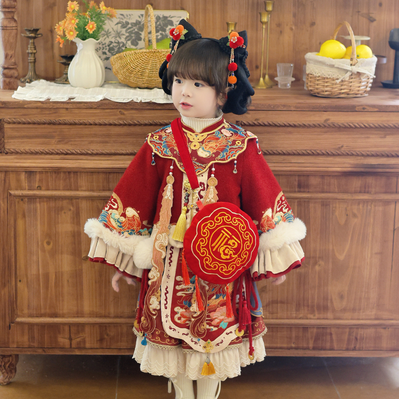 Παιδική Τσάντα Ώμου Hanfu κινεζικού στυλ με κέντημα και φούντες, μοτίβο Fortune, πολυεστέρας, Ak654, Χειμώνας 2025