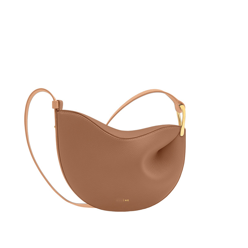 Τσαντάκι crossbody τύπου dumpling από γνήσιο δέρμα, με κλείσιμο καπακιού, εσωτερική θήκη για ID, κατασκευή από διπλό δέρμα βοδινού, άνοιξη 2025.