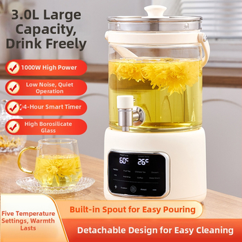 Oală electrică de sănătate cu corp din sticlă și vas interior din sticlă, capacitate 3–4 L, putere 1000W la 220V, termostat digital cu control microcomputer, model KBE831