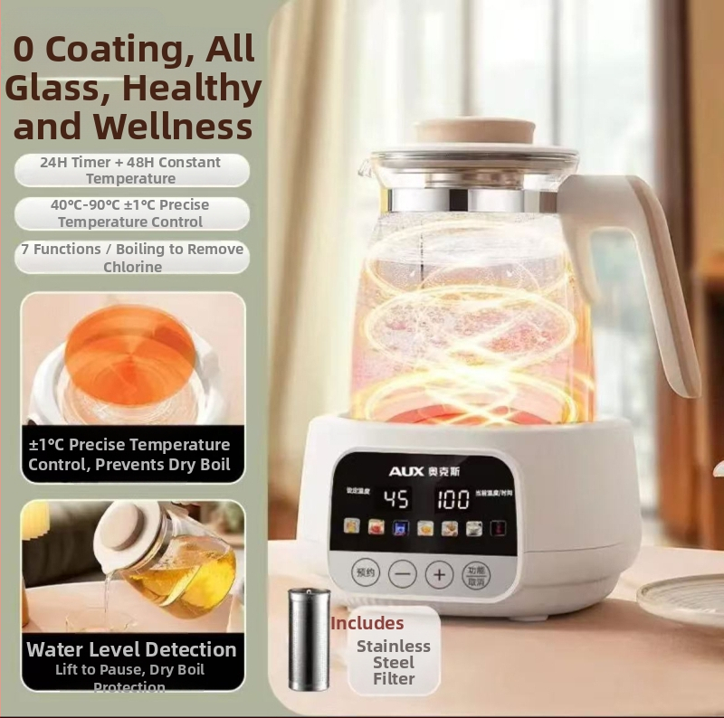 Ceainic din sticlă pentru ceai sănătos, cu regulator de lapte integrat, capacitate 1–1,5 L, 220V, 500–1000W, termostat cu presiune