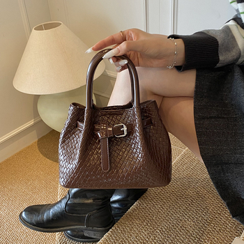 Geantă de umăr pentru femei, model țesut manual în stil coș de legume, material PU, căptușeală din nylon, buzunar pentru telefon, bretea unică