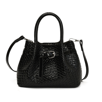 Geantă de umăr pentru femei, model țesut manual în stil coș de legume, material PU, căptușeală din nylon, buzunar pentru telefon, bretea unică