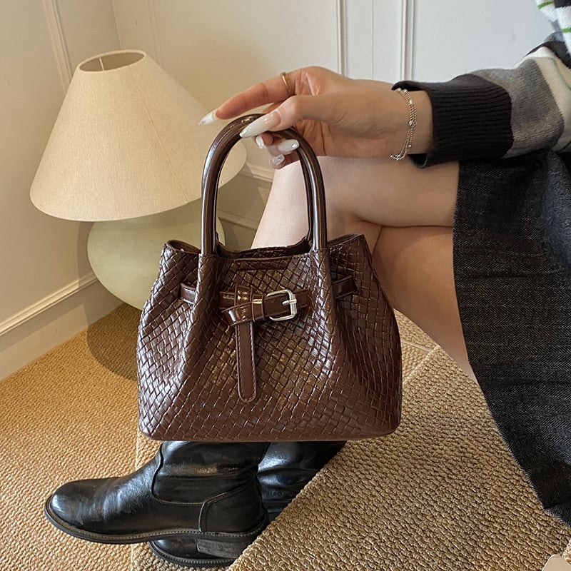 Geantă de umăr pentru femei, model țesut manual în stil coș de legume, material PU, căptușeală din nylon, buzunar pentru telefon, bretea unică