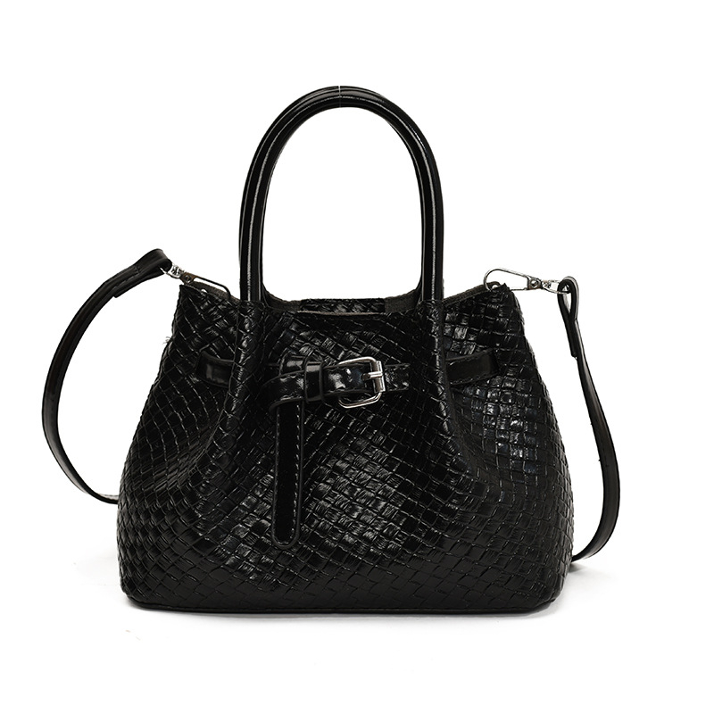 Geantă de umăr pentru femei, model țesut manual în stil coș de legume, material PU, căptușeală din nylon, buzunar pentru telefon, bretea unică