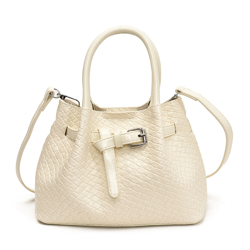 Geantă de umăr pentru femei, model țesut manual în stil coș de legume, material PU, căptușeală din nylon, buzunar pentru telefon, bretea unică