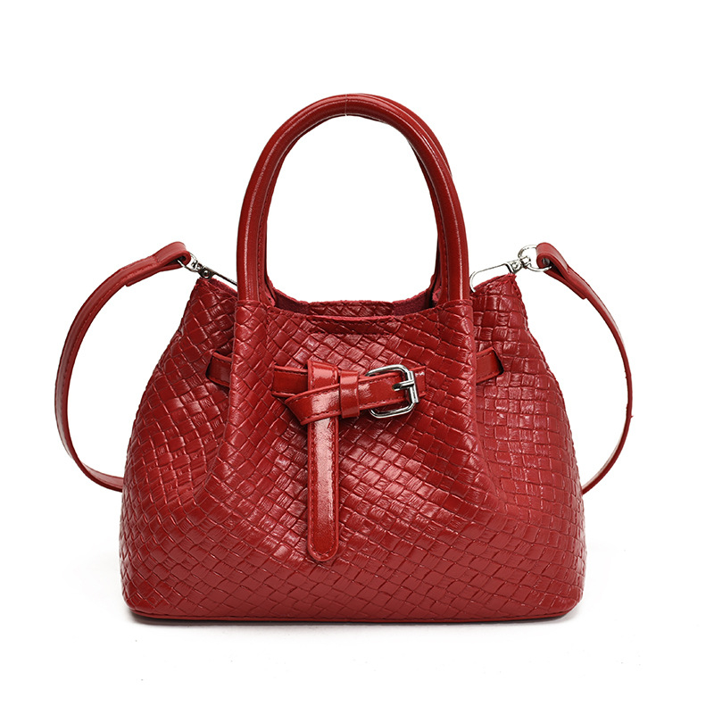 Geantă de umăr pentru femei, model țesut manual în stil coș de legume, material PU, căptușeală din nylon, buzunar pentru telefon, bretea unică