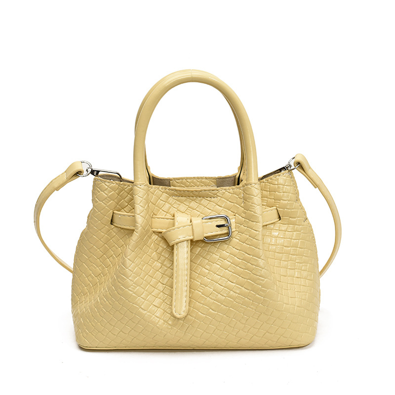 Geantă de umăr pentru femei, model țesut manual în stil coș de legume, material PU, căptușeală din nylon, buzunar pentru telefon, bretea unică