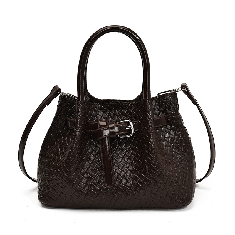 Geantă de umăr pentru femei, model țesut manual în stil coș de legume, material PU, căptușeală din nylon, buzunar pentru telefon, bretea unică