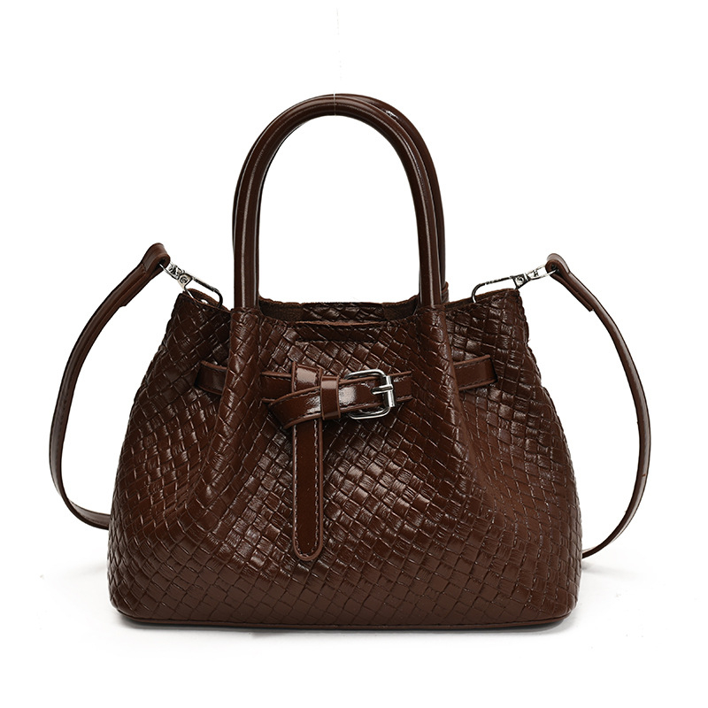 Geantă de umăr pentru femei, model țesut manual în stil coș de legume, material PU, căptușeală din nylon, buzunar pentru telefon, bretea unică