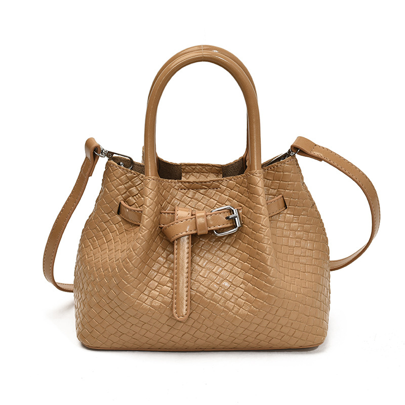 Geantă de umăr pentru femei, model țesut manual în stil coș de legume, material PU, căptușeală din nylon, buzunar pentru telefon, bretea unică