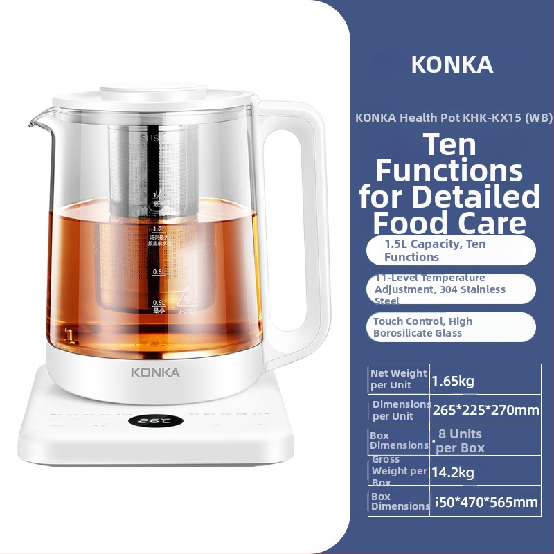 Health Pot για τσάι - γυάλινο σώμα, χωρητικότητα 1.5–2 L, 240 V, 800 W, εσωτερική επένδυση από 304 ανοξείδωτο ατσάλι, έλεγχος με μικρουπολογιστή, θερμοστάτης σειράς KSD, προστασία από ξήρανση, μοντέλο KHK-KX15(WB)