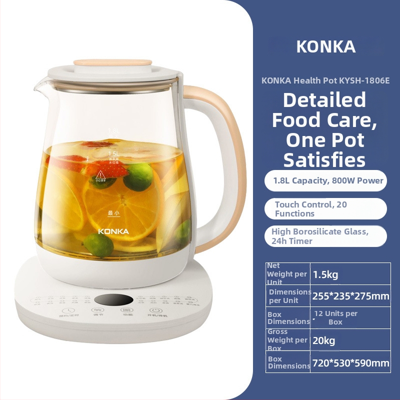 Health Pot για τσάι - γυάλινο σώμα, χωρητικότητα 1.5–2 L, 240 V, 800 W, εσωτερική επένδυση από 304 ανοξείδωτο ατσάλι, έλεγχος με μικρουπολογιστή, θερμοστάτης σειράς KSD, προστασία από ξήρανση, μοντέλο KHK-KX15(WB)