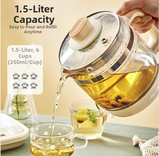 Little Bear YSH-D15T6 ceainic electric pentru sănătate cu filtru, 1.5L, 220V, 500–1000W, corp din sticlă borosilicatat, termostat digital, control mecanic