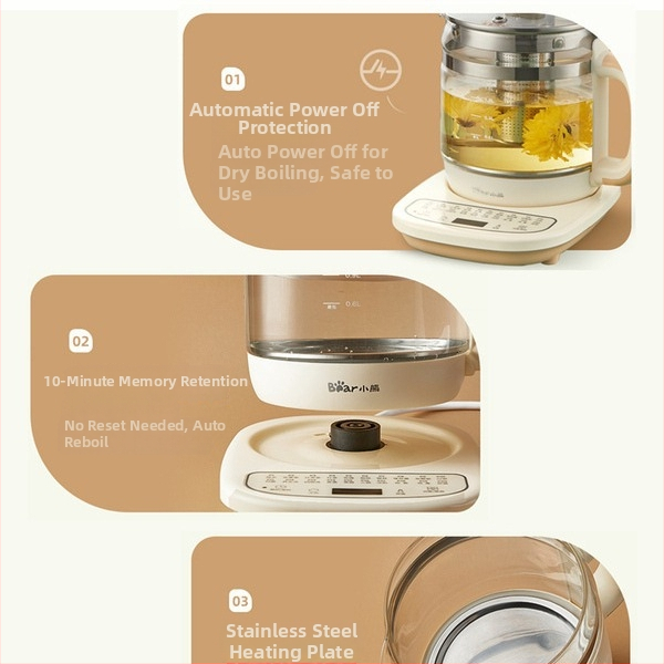 Little Bear YSH-D15T6 ceainic electric pentru sănătate cu filtru, 1.5L, 220V, 500–1000W, corp din sticlă borosilicatat, termostat digital, control mecanic