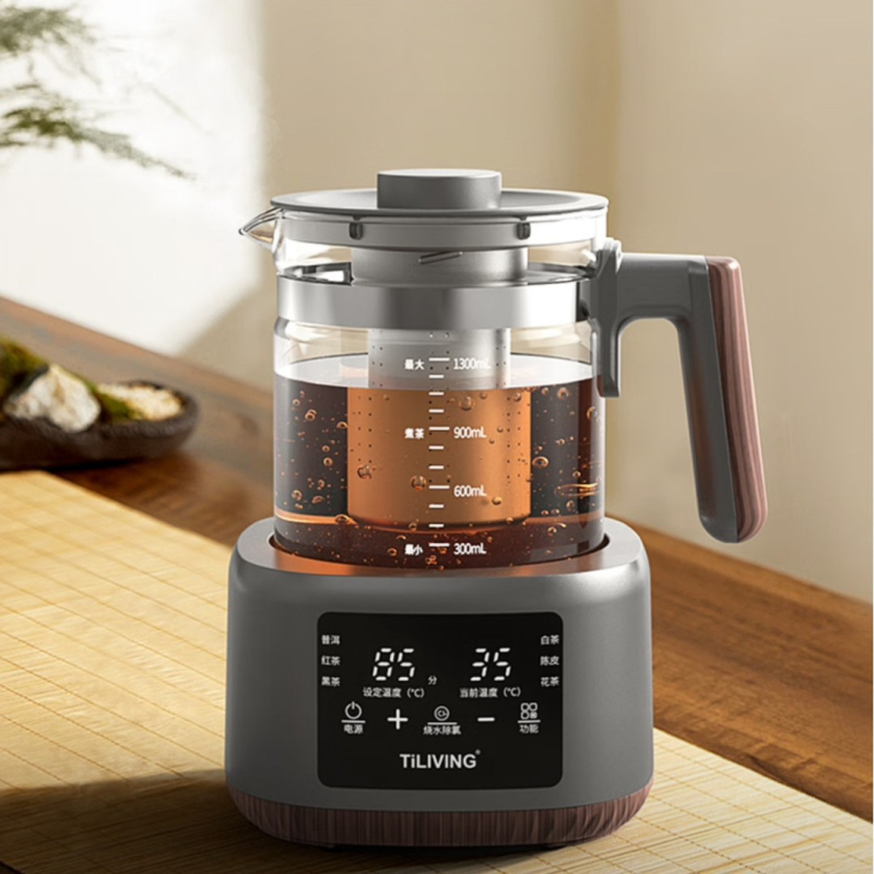 Tiliving OBS-13C02 Stakleni električni čajnik s unutarnjim tankom od nehrđajućeg čelika, 600W, 220V, elektronički termostat, dodirni kontroler, podešavanje temperature, kapacitet 1–1.5 L, za 2–3 osobe