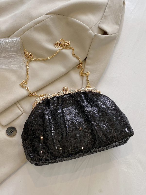 Τσάντα crossbody με παγιέτες σε σχέδιο κοχύλι για βραδινές εμφανίσεις, κλείσιμο με κλιπ, επένδυση πολυεστέρα, εσωτερική τσέπη με φερμουάρ και θήκη για ID