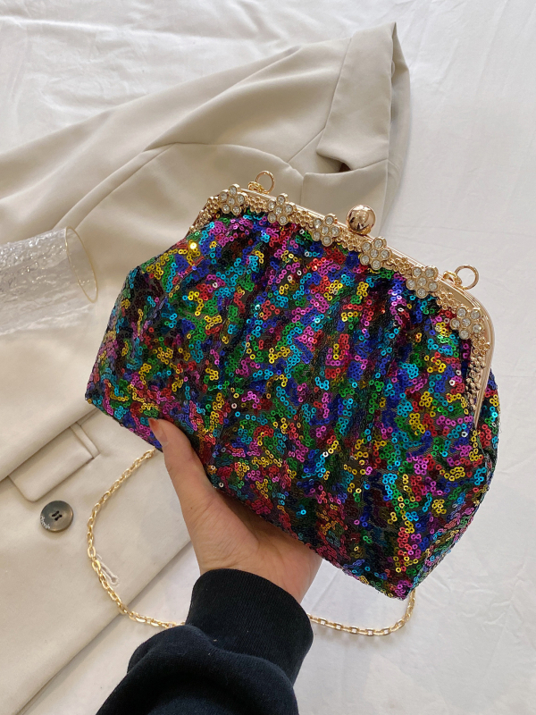 Τσάντα crossbody με παγιέτες σε σχέδιο κοχύλι για βραδινές εμφανίσεις, κλείσιμο με κλιπ, επένδυση πολυεστέρα, εσωτερική τσέπη με φερμουάρ και θήκη για ID