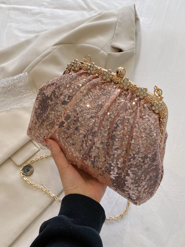 Τσάντα crossbody με παγιέτες σε σχέδιο κοχύλι για βραδινές εμφανίσεις, κλείσιμο με κλιπ, επένδυση πολυεστέρα, εσωτερική τσέπη με φερμουάρ και θήκη για ID