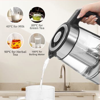 Üveg elektromos vízforraló, kapacitás 1,5–2 L, 220 V, 1000 W, digitális termosztát