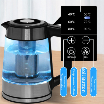 Üveg elektromos vízforraló, kapacitás 1,5–2 L, 220 V, 1000 W, digitális termosztát