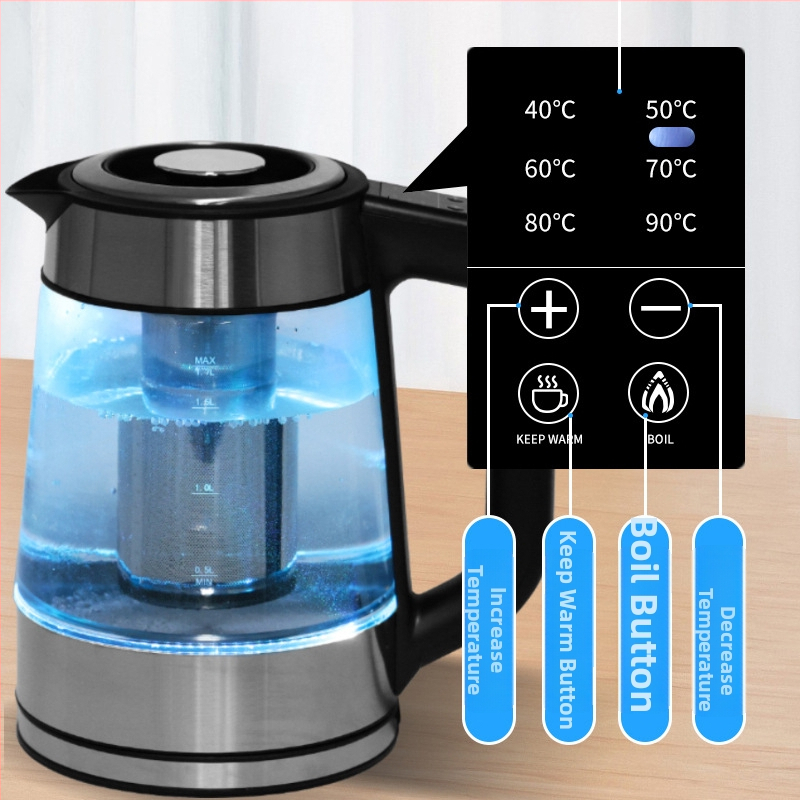 Üveg elektromos vízforraló, kapacitás 1,5–2 L, 220 V, 1000 W, digitális termosztát