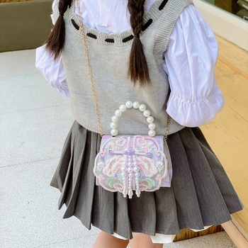 Κοριτσίστικη κεντημένη τσάντα ώμου με φούντα από πέρλες, αλυσίδα ιμάντας για crossbody, πολυεστερική επένδυση, κατάλληλη για νηπιαγωγείο