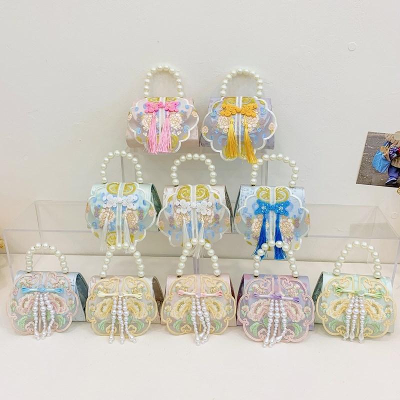 Κοριτσίστικη κεντημένη τσάντα ώμου με φούντα από πέρλες, αλυσίδα ιμάντας για crossbody, πολυεστερική επένδυση, κατάλληλη για νηπιαγωγείο