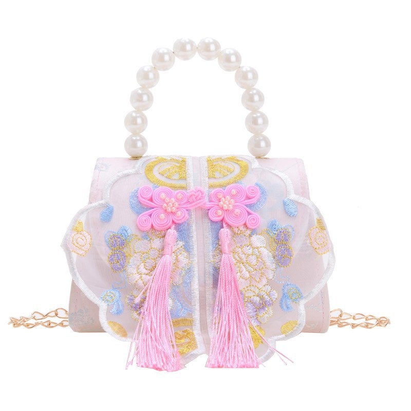 Κοριτσίστικη κεντημένη τσάντα ώμου με φούντα από πέρλες, αλυσίδα ιμάντας για crossbody, πολυεστερική επένδυση, κατάλληλη για νηπιαγωγείο