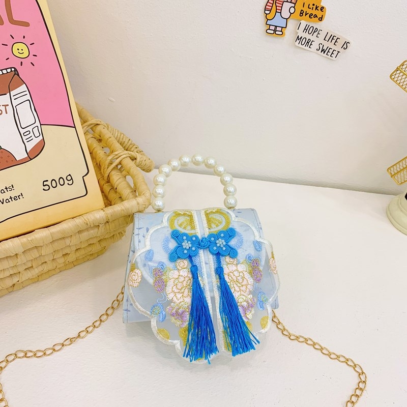 Κοριτσίστικη κεντημένη τσάντα ώμου με φούντα από πέρλες, αλυσίδα ιμάντας για crossbody, πολυεστερική επένδυση, κατάλληλη για νηπιαγωγείο