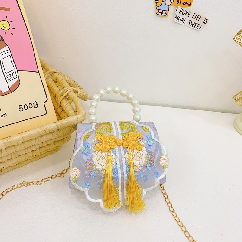 Κοριτσίστικη κεντημένη τσάντα ώμου με φούντα από πέρλες, αλυσίδα ιμάντας για crossbody, πολυεστερική επένδυση, κατάλληλη για νηπιαγωγείο