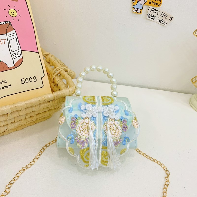 Κοριτσίστικη κεντημένη τσάντα ώμου με φούντα από πέρλες, αλυσίδα ιμάντας για crossbody, πολυεστερική επένδυση, κατάλληλη για νηπιαγωγείο