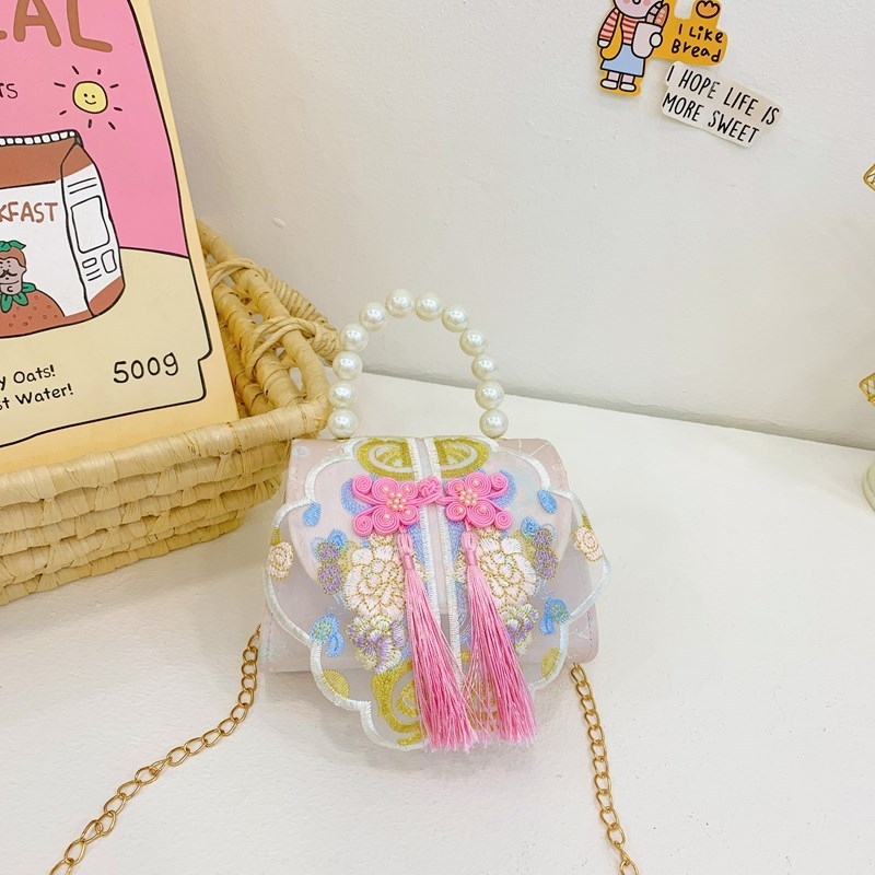 Κοριτσίστικη κεντημένη τσάντα ώμου με φούντα από πέρλες, αλυσίδα ιμάντας για crossbody, πολυεστερική επένδυση, κατάλληλη για νηπιαγωγείο