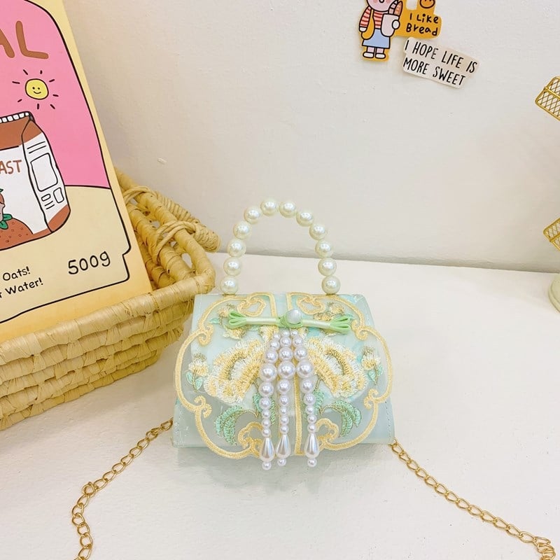 Κοριτσίστικη κεντημένη τσάντα ώμου με φούντα από πέρλες, αλυσίδα ιμάντας για crossbody, πολυεστερική επένδυση, κατάλληλη για νηπιαγωγείο