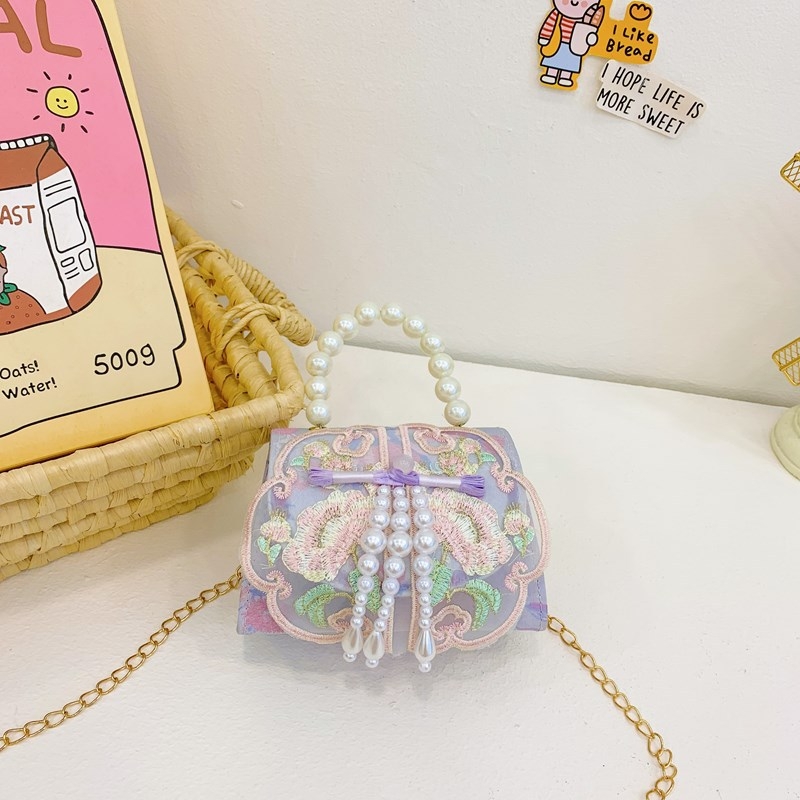 Κοριτσίστικη κεντημένη τσάντα ώμου με φούντα από πέρλες, αλυσίδα ιμάντας για crossbody, πολυεστερική επένδυση, κατάλληλη για νηπιαγωγείο