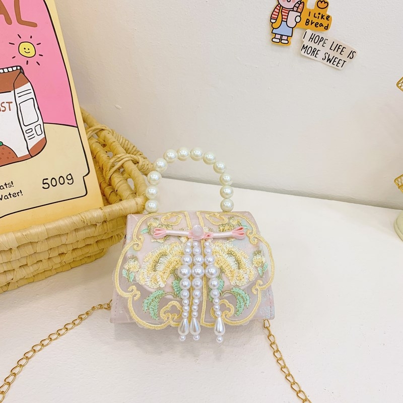 Κοριτσίστικη κεντημένη τσάντα ώμου με φούντα από πέρλες, αλυσίδα ιμάντας για crossbody, πολυεστερική επένδυση, κατάλληλη για νηπιαγωγείο