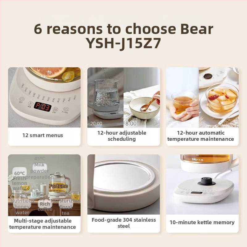 Bear Health Pot YSH-J15Z7 elektromos teáskanna állandó hőmérséklettel, 1,5 L, 220V, 500–1000W, üvegtest