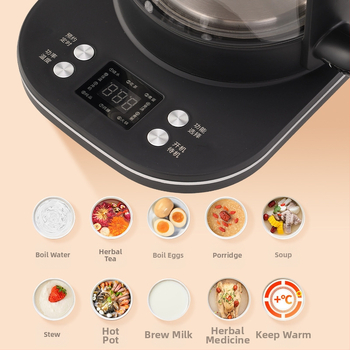 Elektromos egészséges teáskanna boroszilikát üveggel, elektronikus termosztáttal, 1–1,5 L kapacitás, 500–1000 W, foglalási időzítő, 4–5 fő részére