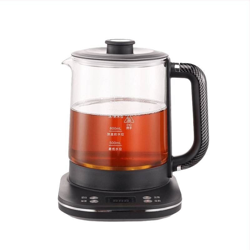 Elektromos egészséges teáskanna boroszilikát üveggel, elektronikus termosztáttal, 1–1,5 L kapacitás, 500–1000 W, foglalási időzítő, 4–5 fő részére
