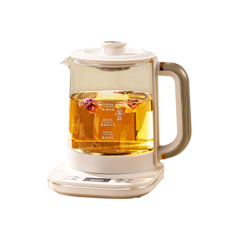 Elektromos egészséges teáskanna boroszilikát üveggel, elektronikus termosztáttal, 1–1,5 L kapacitás, 500–1000 W, foglalási időzítő, 4–5 fő részére