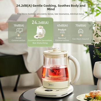 Midea elektromos egészséges teáskanna irodába és otthonra, modell YS15P304; kapacitás 1,5–2 L; test boroszilikát üvegből; 220V; 500–1000W; automatikus kikapcsolás.